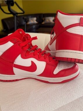 Nike Red and White High-Top Sneakers with Swoosh